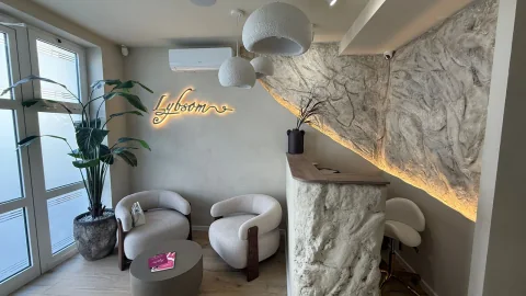 Dvije fotelje i recepcijski pult uz ulazna vrata i zlatni Lybsom znak.