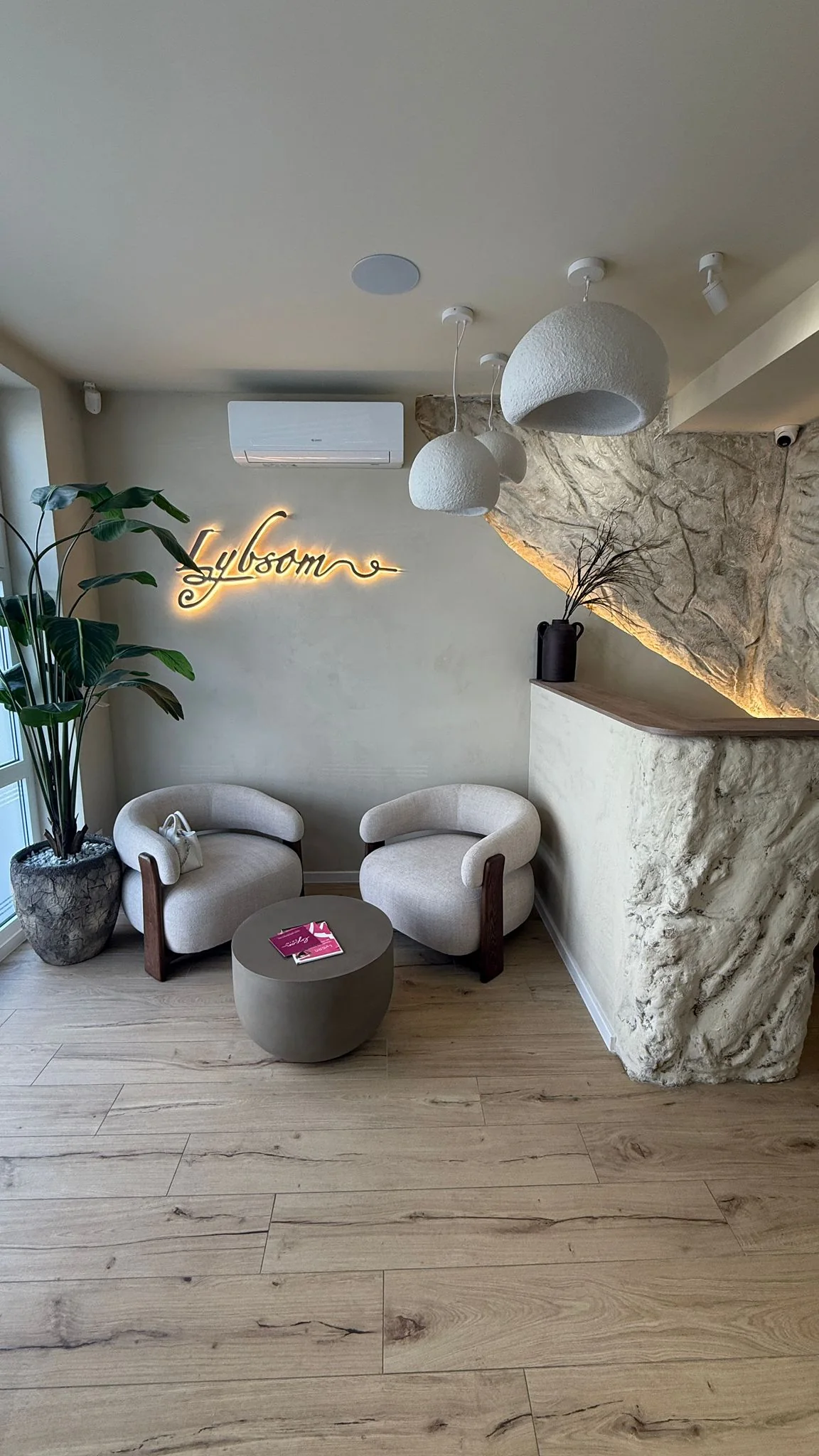Ulazni dio Lybsom studija s foteljama, biljkama i recepcijom.
